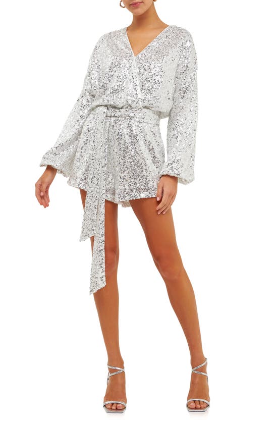 Shop Endless Rose Long Sleeve Sequin Romper In White