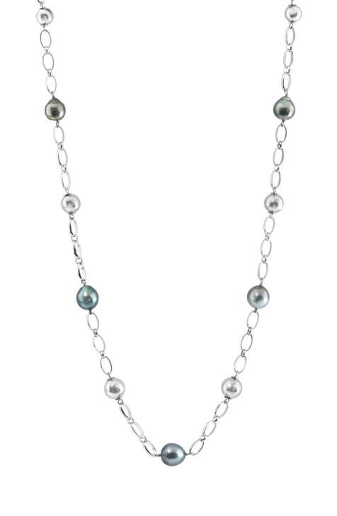 Sterling Silver 9mm Black Tahitian Pearl Station Necklace