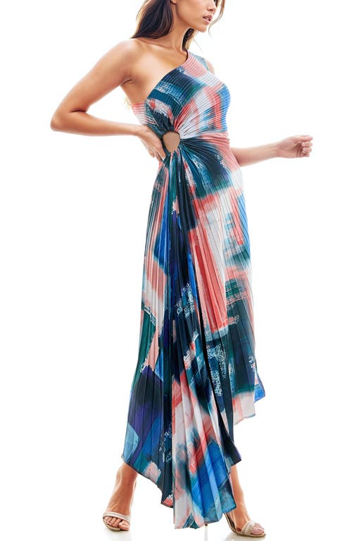 Shop Socialite Print Asymmetric Hem Pleated Maxi Dress In Navy Abstract Colorblock