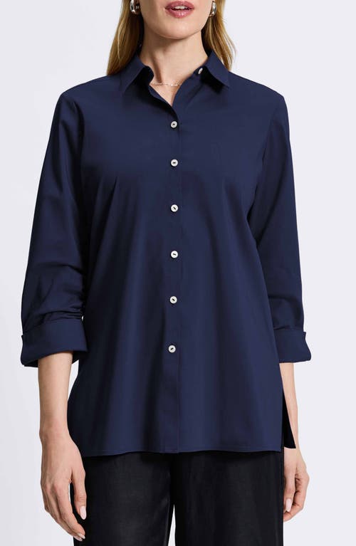 Foxcroft Evelyn Three-quarter Sleeve Button-up Shirt In Navy