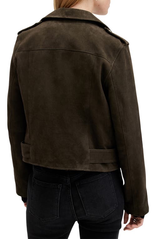 Allsaints Balfern Belted Suede Biker Jacket In Tarmac Green