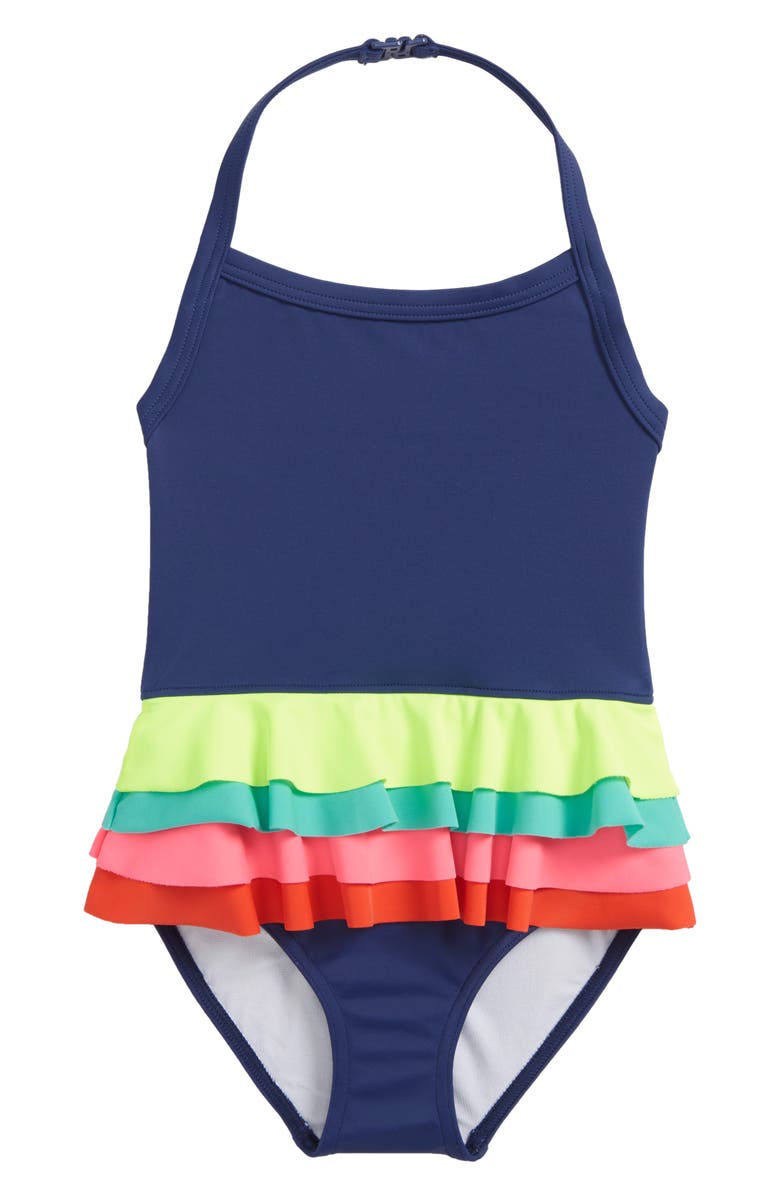 MINI BODEN One-Piece Ruffle Swimsuit, Main, color, DEEP SEA/ RAINBOW