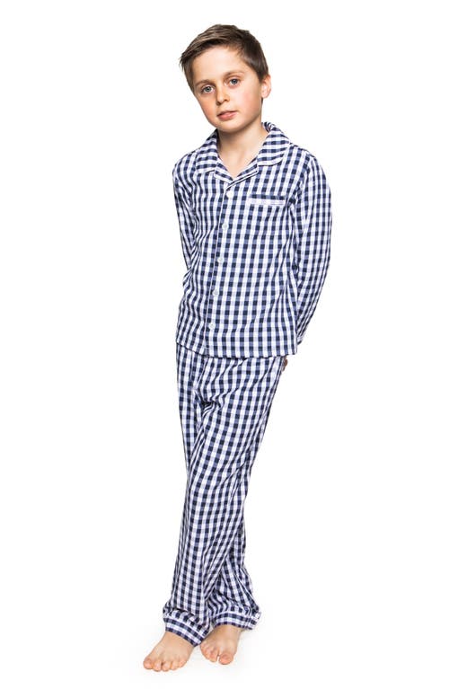 Petite Plume Kids' Gingham Check Flannel Two-Piece Pajamas Navy at Nordstrom,