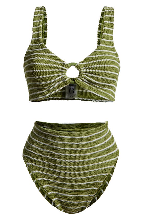 Shop Hunza G Nadine Stripe Two-piece Swimsuit In Metallic Moss/ White