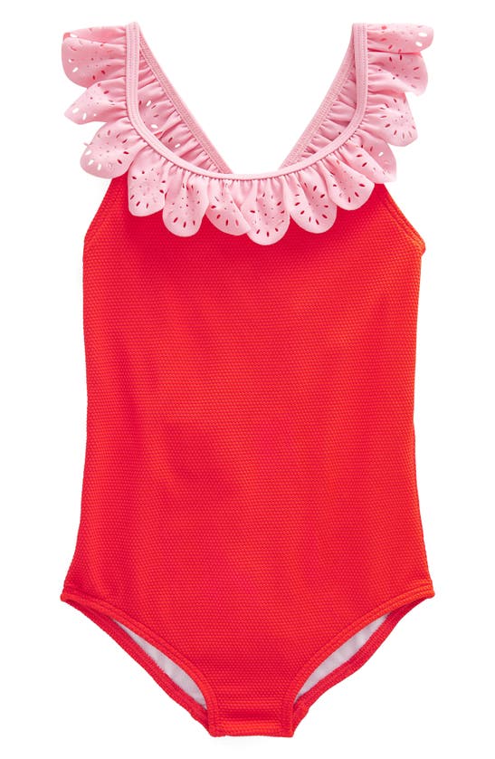 Boden Kids' Ruffle Broderie Anglaise Trim One-piece Swimsuit In Fire