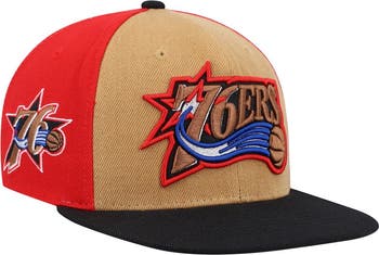 Men's Mitchell & Ness Red Philadelphia 76ers Gold Script Adjustable Snapback Hat