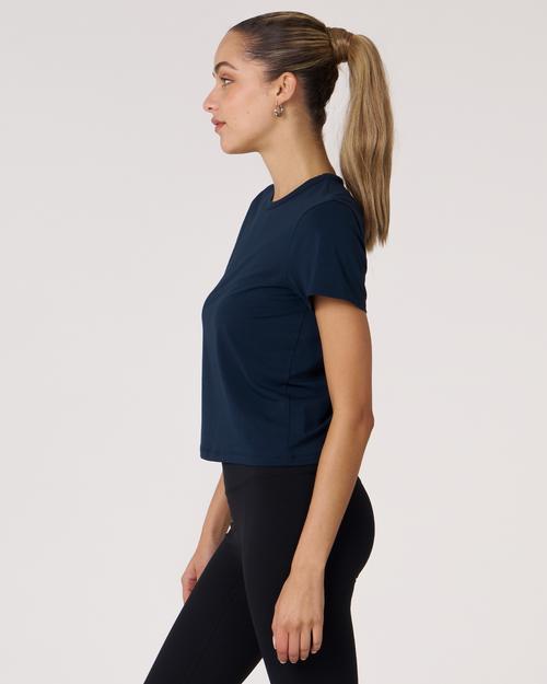 Rebody Active Rebody Essentials Short Sleeve Crop Tee In Navy