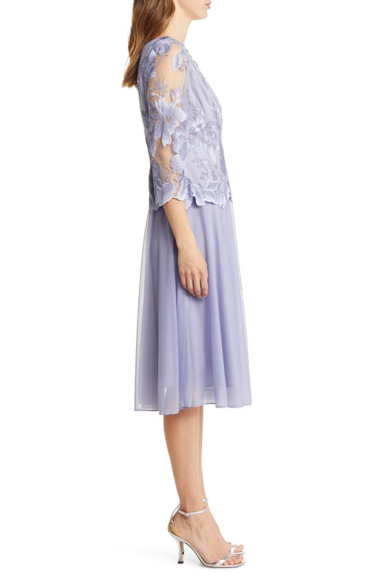 Alex Evenings Illusion Sleeve Embroidered Midi Dress In Lavender