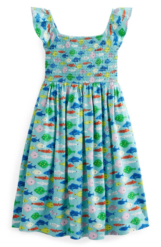 Boden Kids' Shirred Cotton Jersey Dress In Aqua Sea Blue Fish