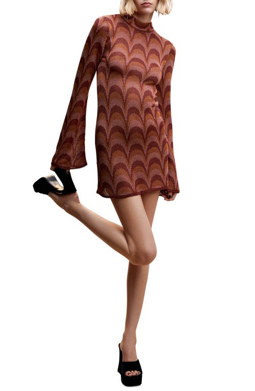 MANGO Metallic Long Sleeve Knit Shift Dress in Burnt Orange