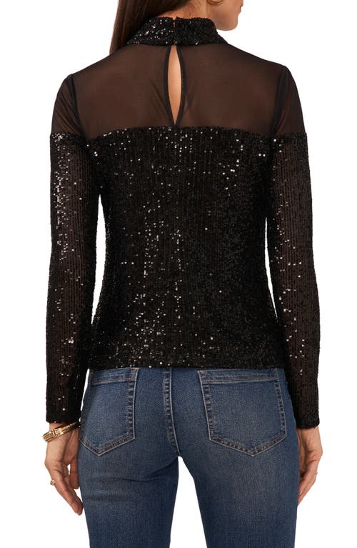 Vince Camuto Illusion Yoke Sequin Mock Neck Top In Rich Black
