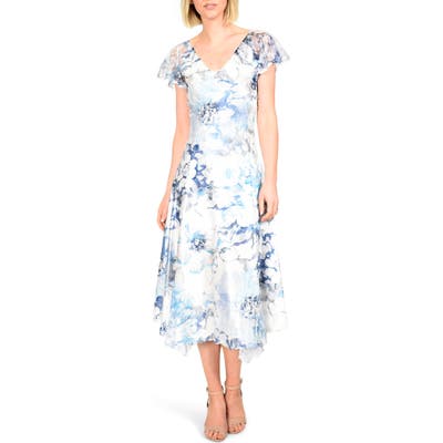 Komarov Floral Charmeuse & Chiffon Dress, Blue
