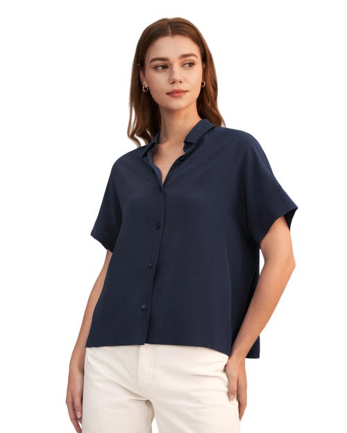 Shop Lilysilk Casual Short Sleeves Loose Silk Shirt In Navy Blue