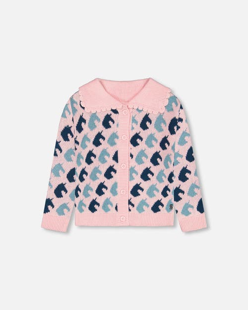 Shop Deux Par Deux Little Girl's Jacquard Knit Cardigan Pink Unicorn In Pink Jacquard Unicorn