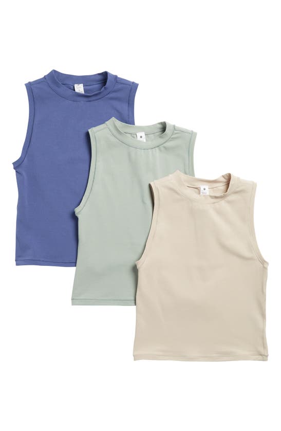 Yogalicious Assorted 3-pack Melissa Airlite Mock Neck Crop Sleeveless Tops In Beige/ Nacreaous Cloud/ Green