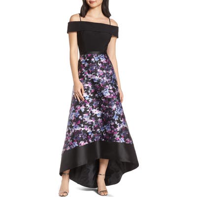 Morgan & Co. Cold Shoulder Mikado High/low Hem Evening Dress, Black