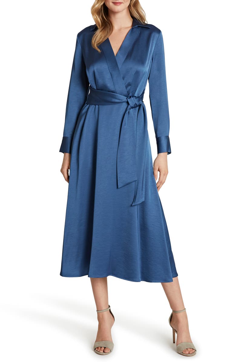 TAHARI Wrap Front Long Sleeve Satin Midi Dress, Main, color, PERIWINKLE