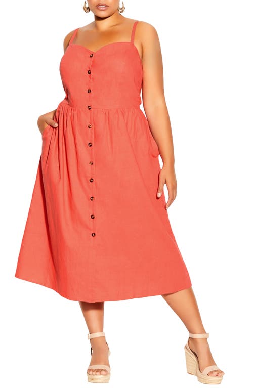 City Chic Button Front Fit & Flare Dress in Coral