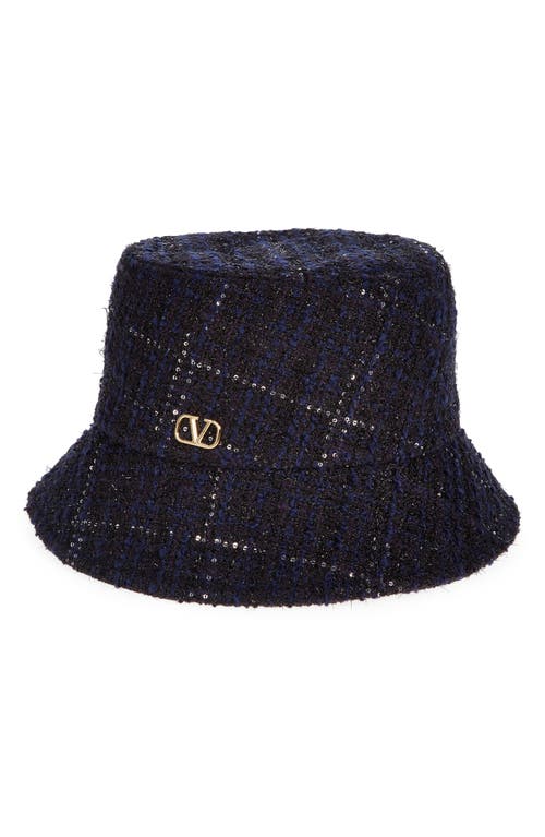 Shop Valentino Garavani Vlogo Signature Tweed Bucket Hat In Z0v Check Navy/oro