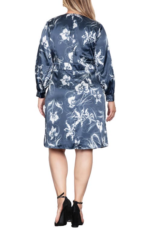 Standards & Practices Floral Print Long Sleeve Faux Wrap Satin Dress In Navy Orchid