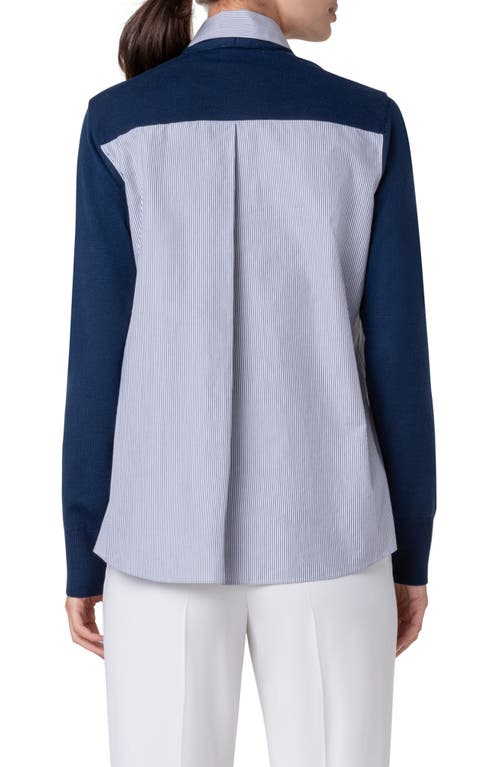 Akris Punto Illusional Mixed Media Cardigan With Striped Blouse Detail In Ink-cream