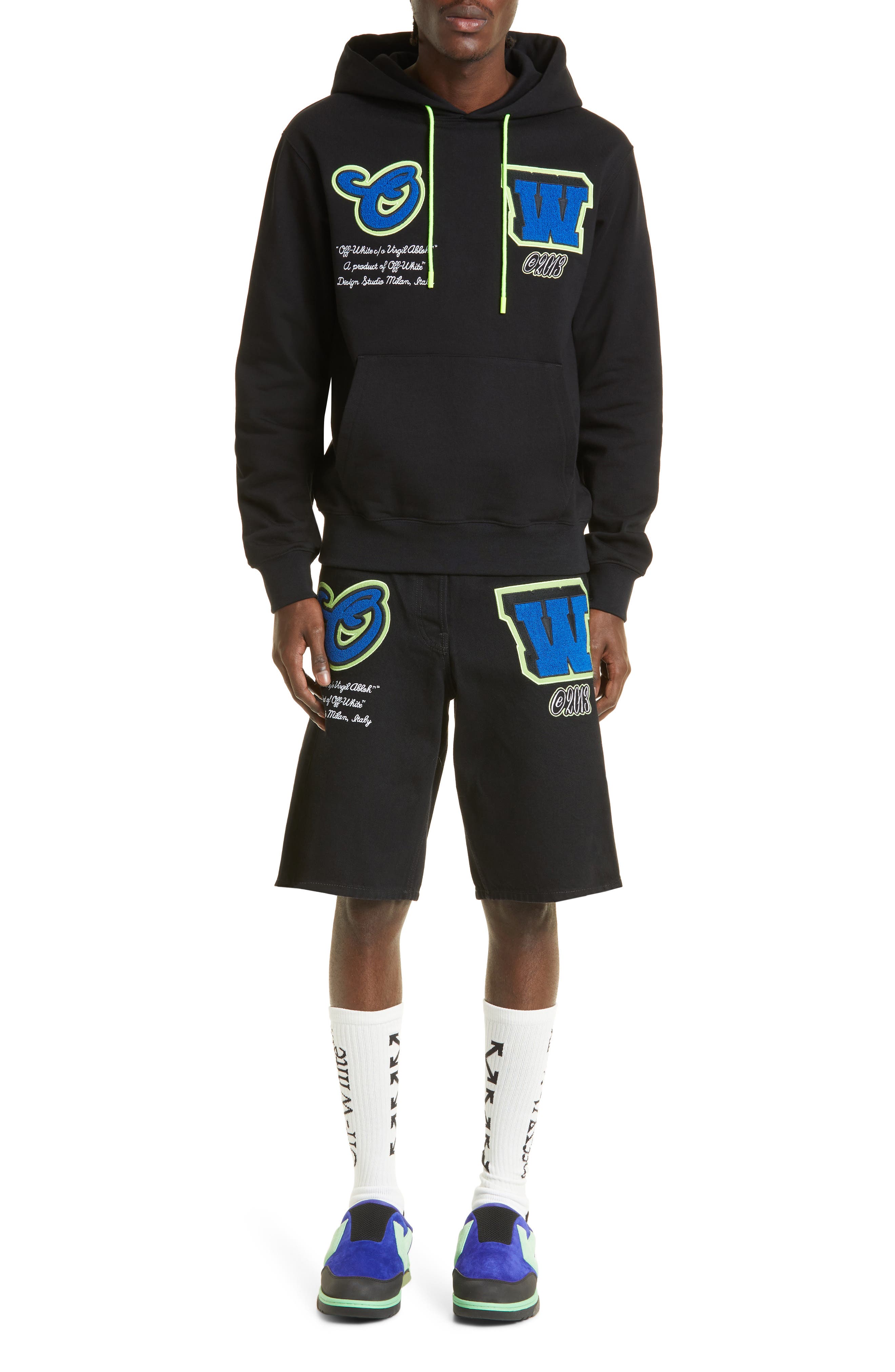 Off-White Slim Fit Varsity Patch Hoodie in Black Blue