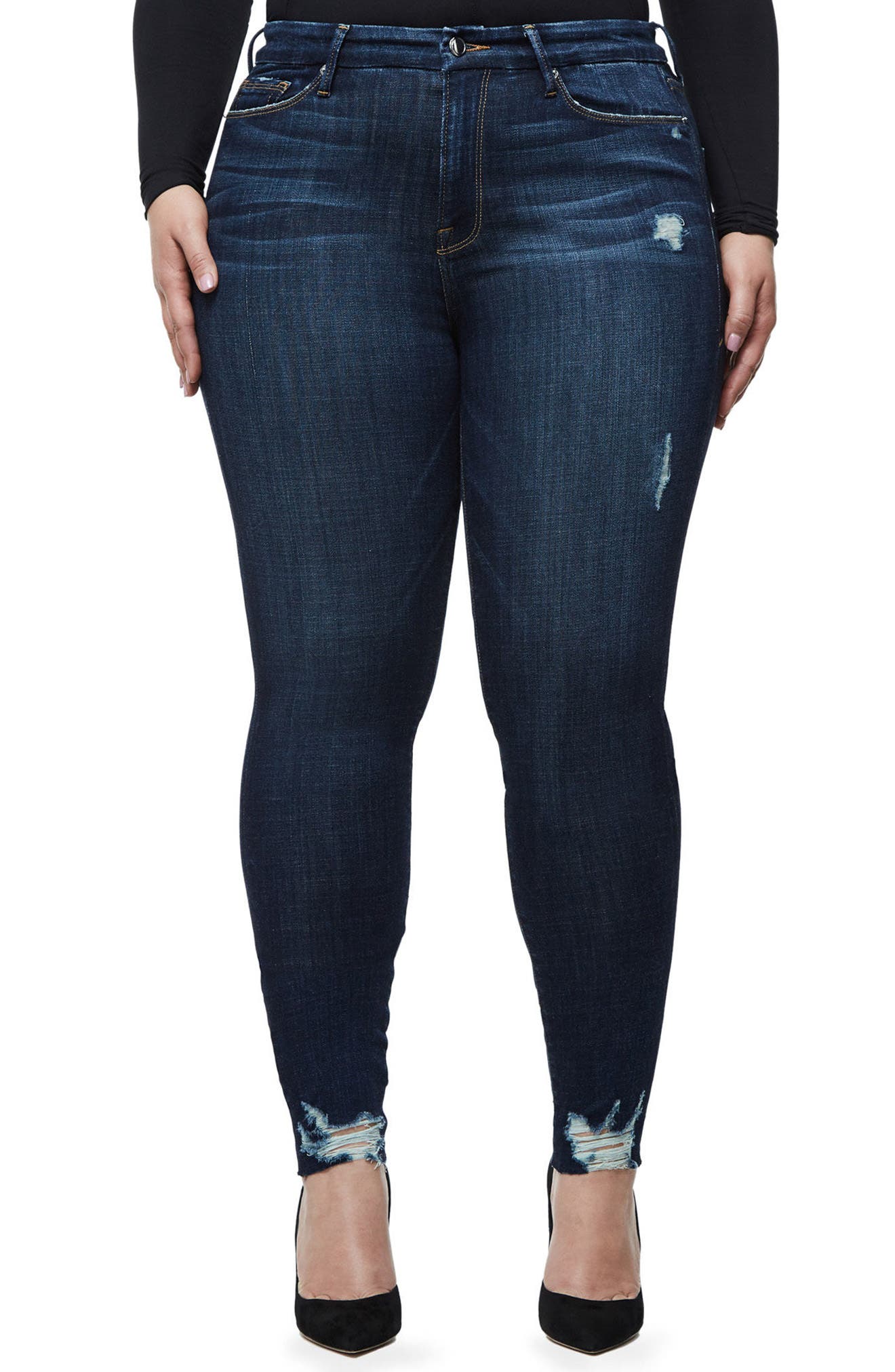 Good American Good Legs Raw Hem Skinny Jeans (Blue 080) (Extended Sizes