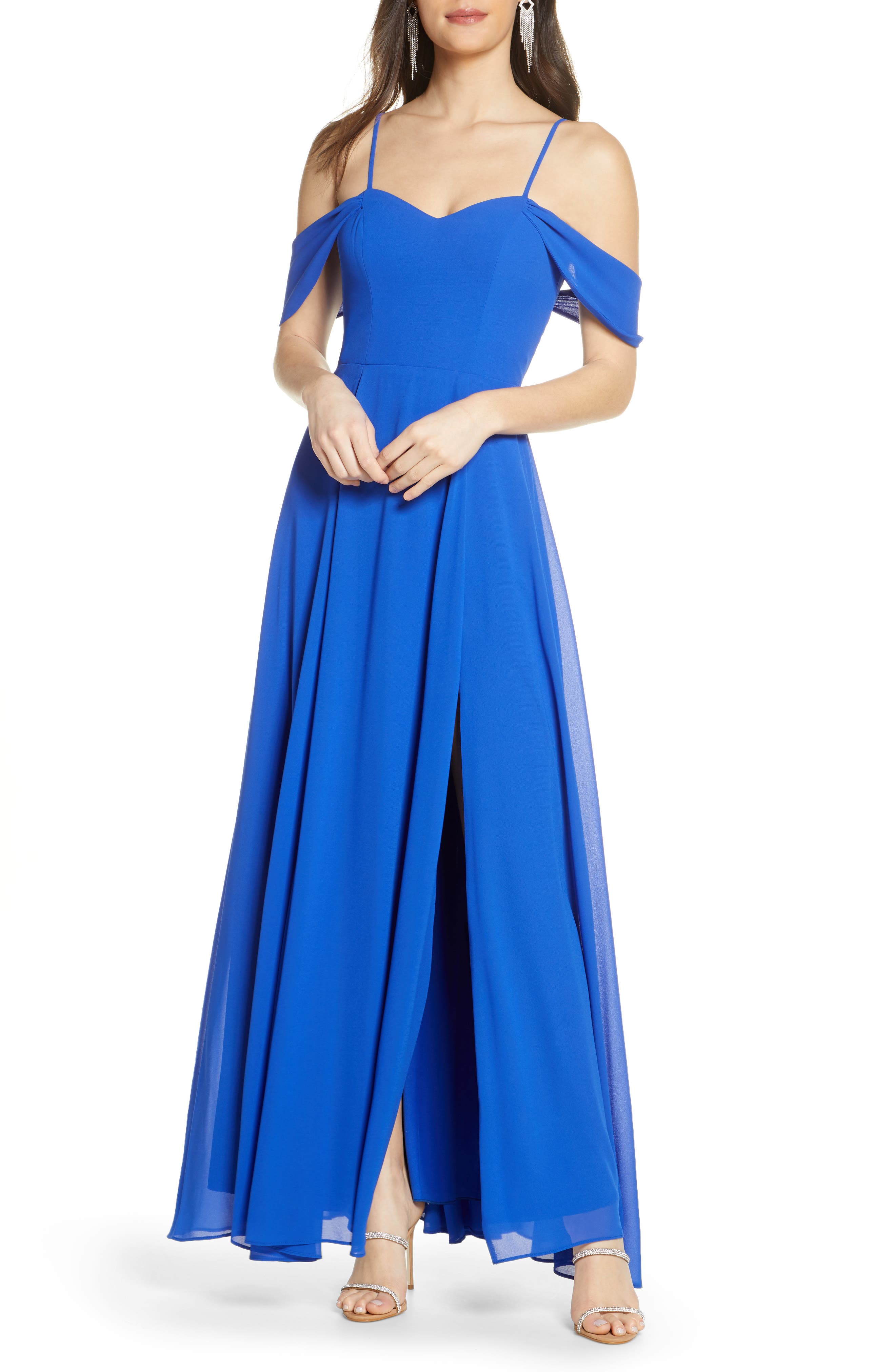 sequin hearts cold shoulder long dress