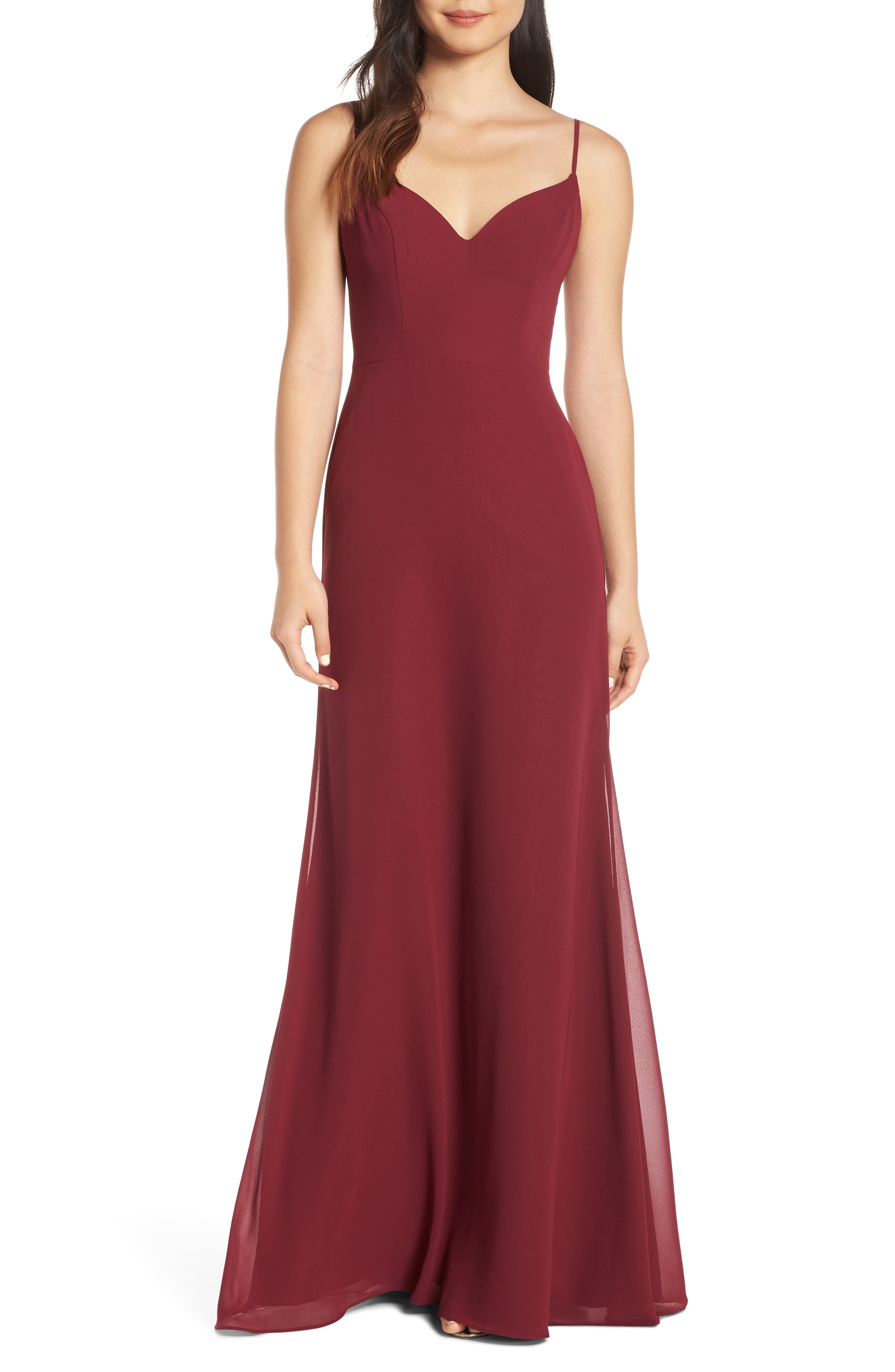 Hayley Paige Occasions V-Neck Chiffon Evening Dress, Burgundy