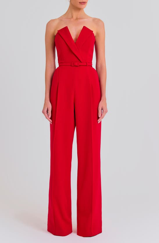 Shop Nadine Merabi Tuxedo Belted Strapless Wide Leg Jumpsuit In Red