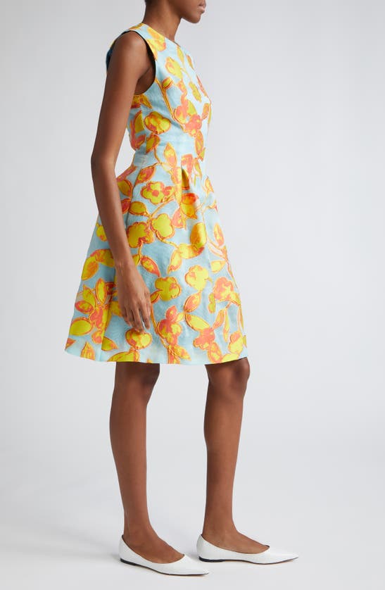 Shop Lela Rose Betsy Floral Fil Coupé Sleeveless Dress In Yellow/ Blue Multi