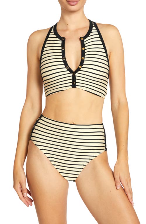 Robin Piccone Parker Stripe Bikini Top In Ecru/black