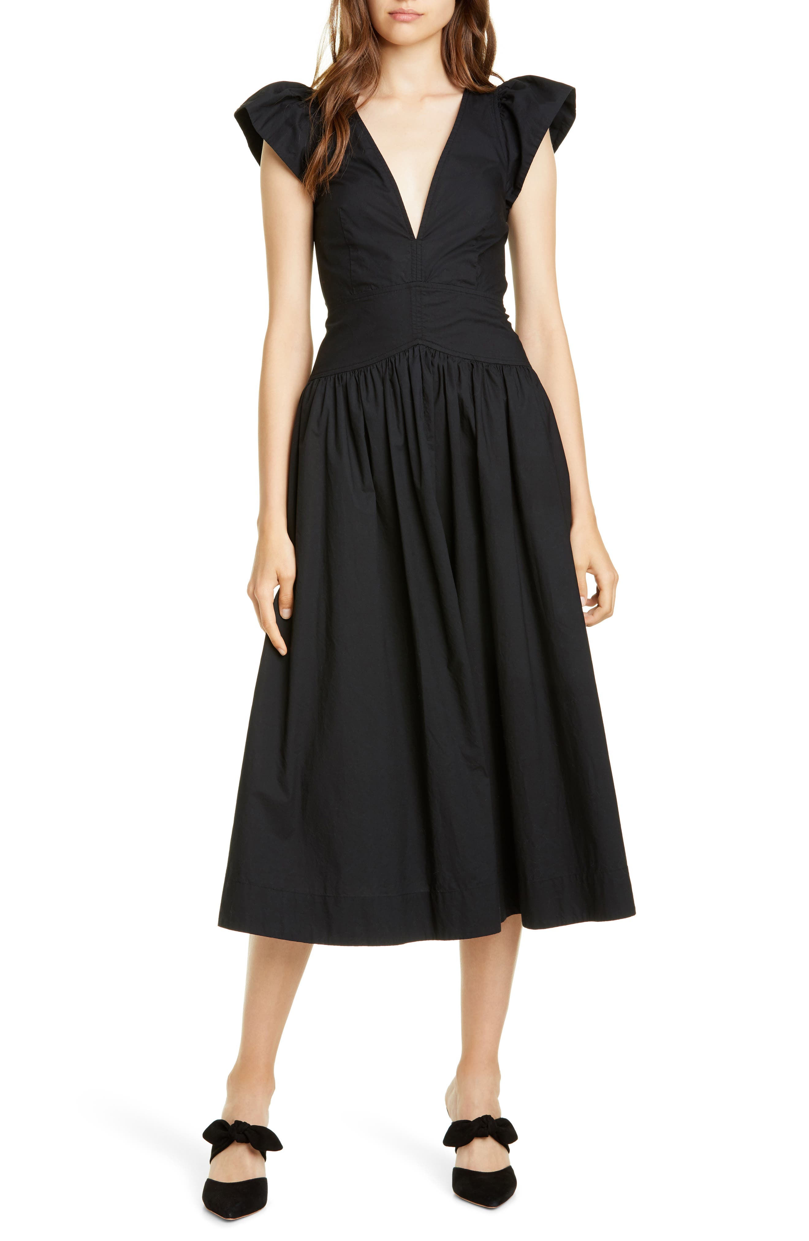 La Vie Rebecca Taylor Plunging Poplin Midi Dress, Black