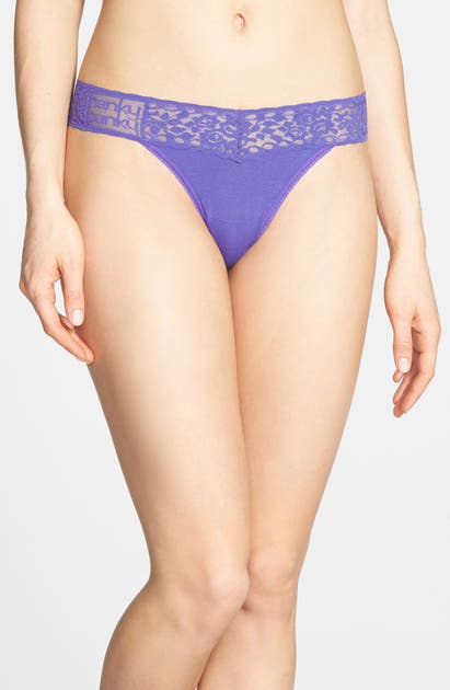 Hanky Panky Mid Rise Modal Thong With Lace Trim In Purple Mountain