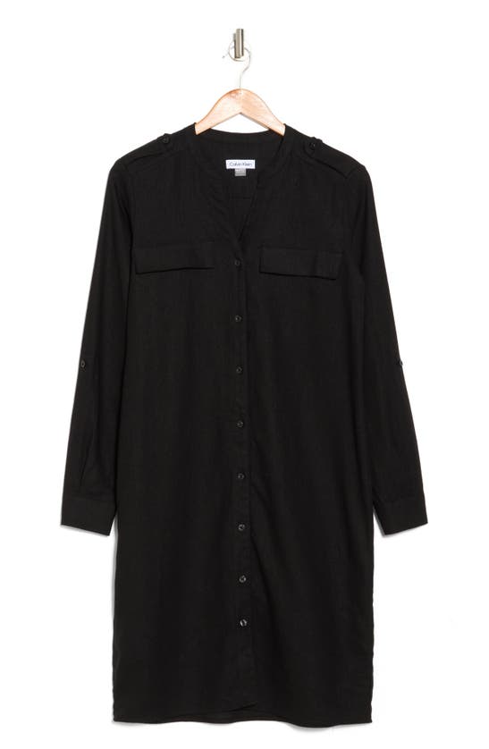 Shop Calvin Klein Front Button Long Sleeve Linen Blend Dress In Black