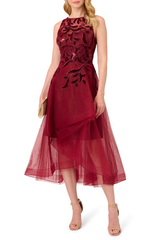 Adrianna Papell Velvet Appliqu Tulle Cocktail Dress in Garnet