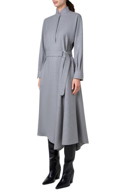 Akris Punto Half-circle Inset Belted Long-sleeve Midi Dress In Silver