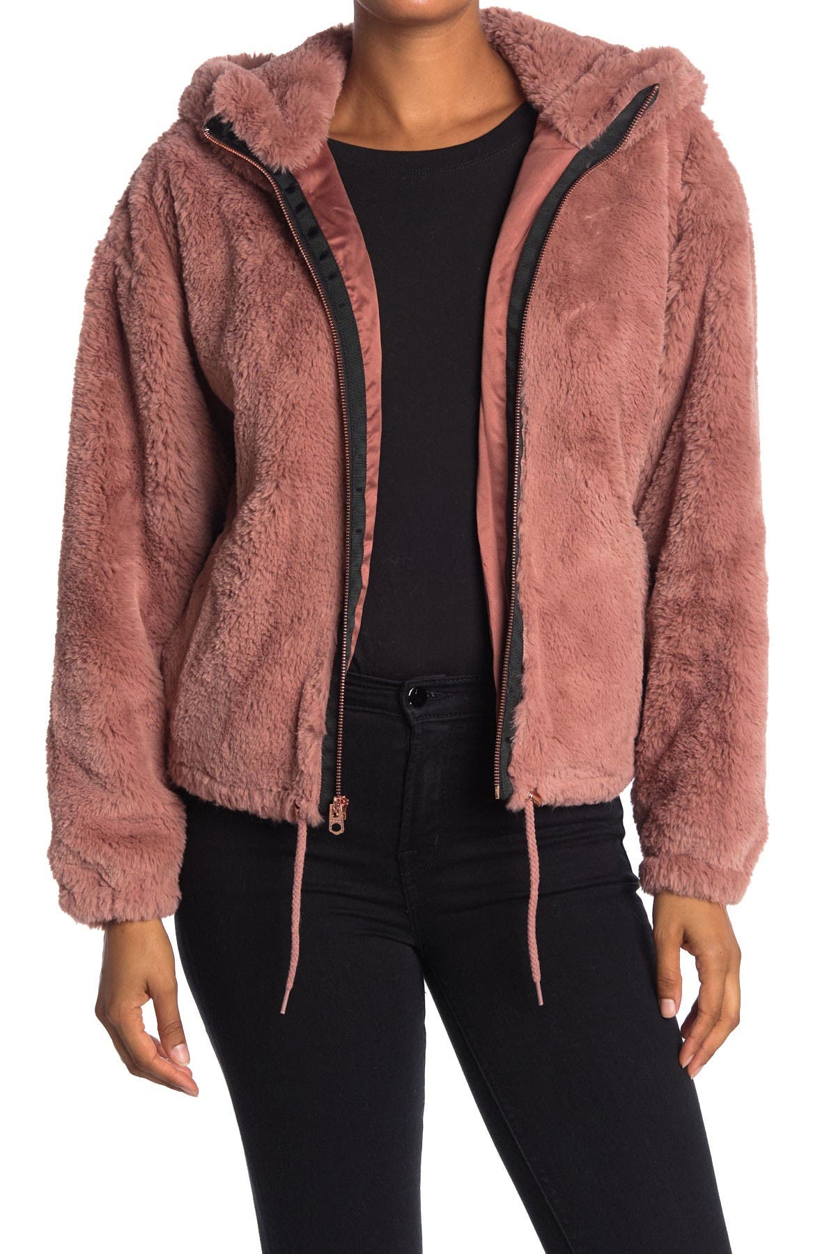 Faux Fur Hooded Zip Jacket In Dusty Rose