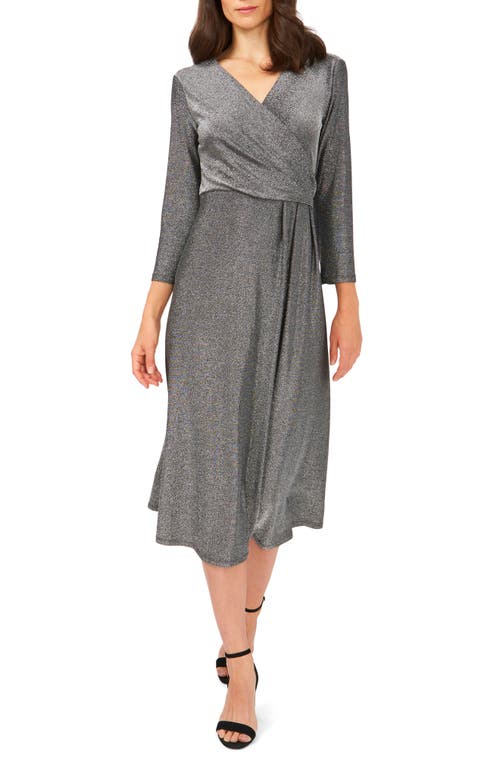 Long Sleeve Faux Wrap Midi Dress in Black/Silver