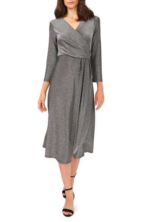 Chaus Three-Quarter Sleeve Faux Wrap Midi Dress Black/Silver at Nordstrom,