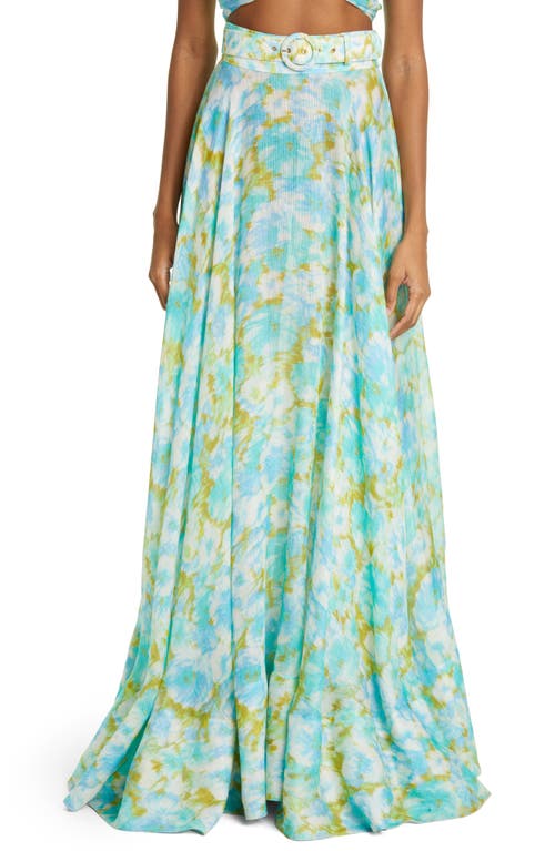 Zimmermann High Tide Belted Linen & Silk Maxi Skirt in Aqua Ikat Floral