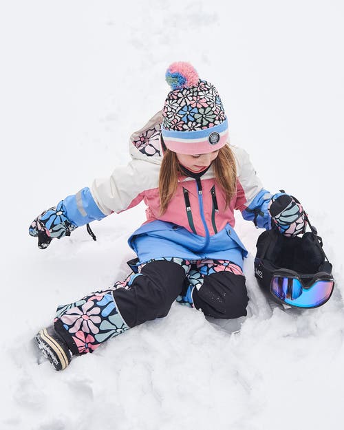 Deux Par Deux Girl's Knit Hat Blue, Pink And White Retro Flowers In Flowers Jacquard