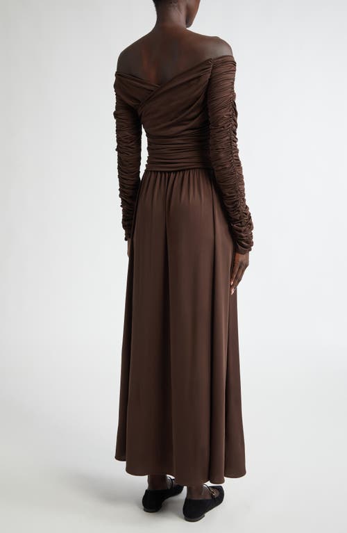 Shop Altuzarra Off The Shoulder Long Sleeve Ruched Maxi Dress In Sable