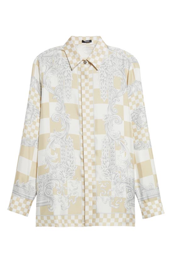 Shop Versace Barocco Checkerboard Silk Button-up Shirt In Light Sand White Silver