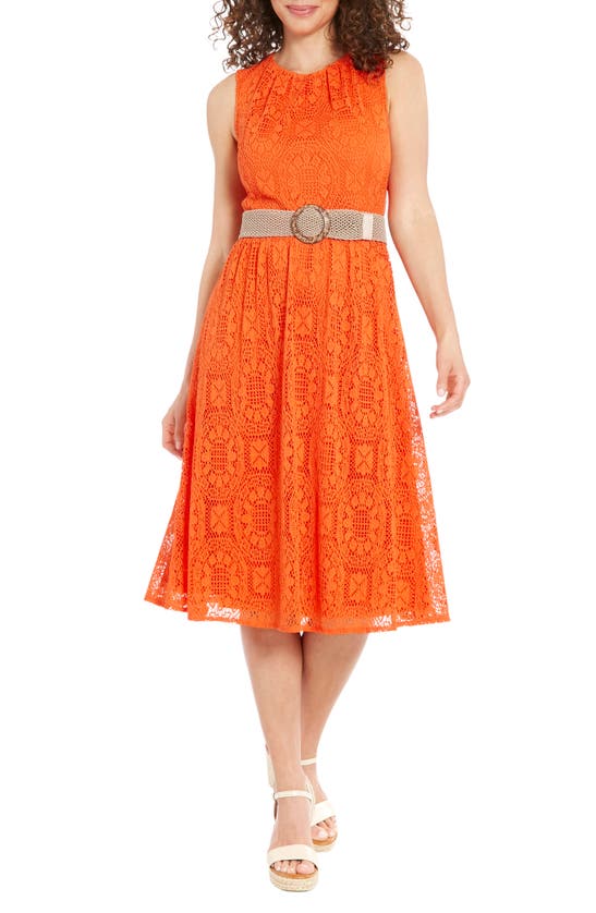 London Times Lace Sleeveless Belted Fit & Flare Dress In Orange