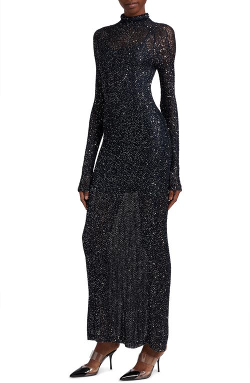 Shop Alaïa Semisheer Sequin Open Stitch Long Sleeve Maxi Dress In Marine/argent