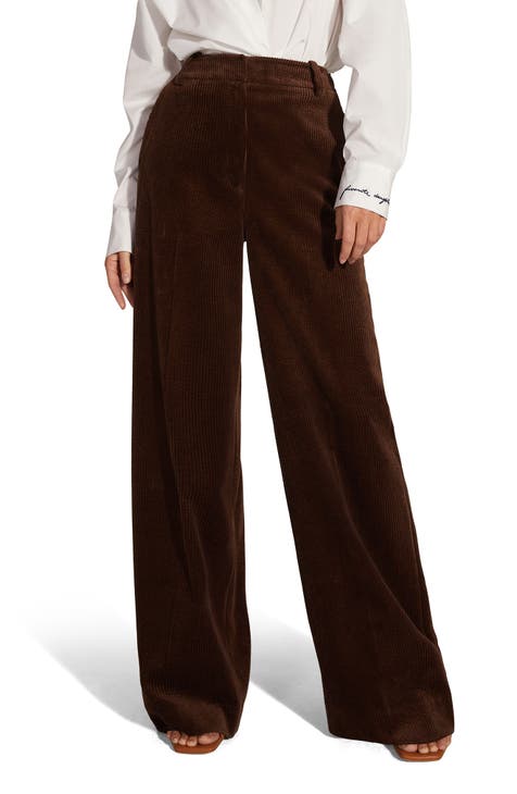 Women's High Waist Wide Leg Corduroy Pants Coffee Brown