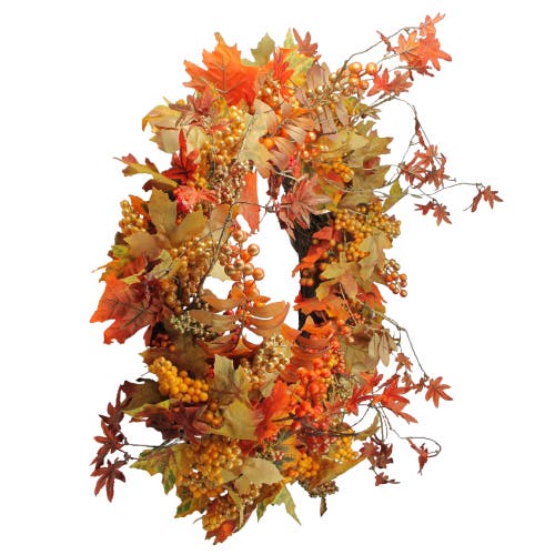Northlight Fall Harvest Gold Berries And Autumn Leaves Artificial Twig Wreath In Orange