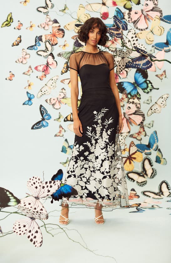 Maggy London Floral Appliqué Detail Mesh Gown In Black/ Silver