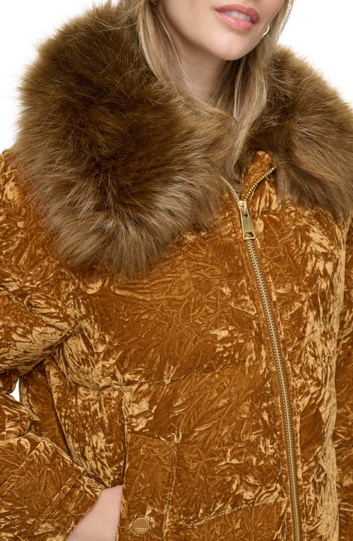Andrew Marc Charleroi Faux Fur Collar Down & Feather Fill Velvet Puffer Jacket In Rust